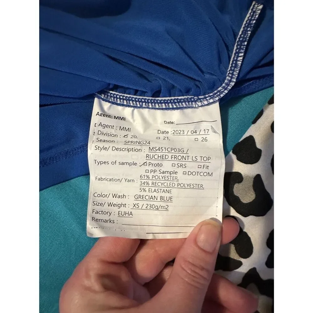 Michael Kors Grecian Blue Ruched Front Long Sleeve Top XS Proto